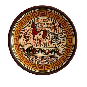 Greek Terra Cotta Plate Savas Rodos 7.25" Hand Made Painted Horse and Chariot